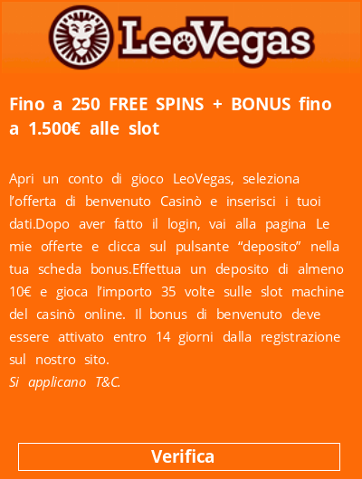  Fino a 250 FREE SPINS + BONUS fino a 1.500€ alle slot