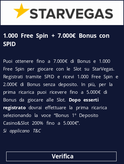 1.000 Free Spin + 7.000€ Bonus con SPID