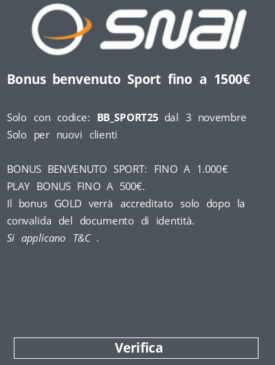  Bonus benvenuto Sport fino a 1500€