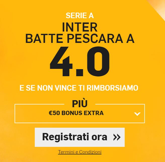Inter vincente a 4.00 Inter - Pescara bonus